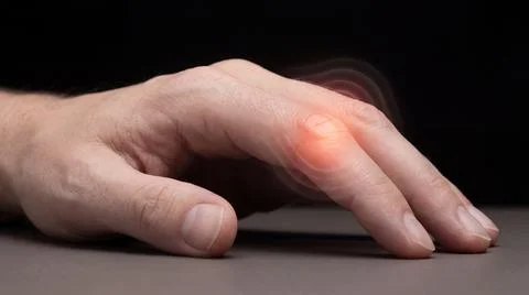Pain in finger joint, highlighted in red, indicating arthritis or injury. Stock Illustration
