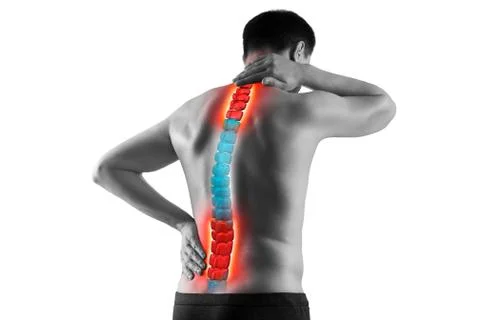 Pain in the spine, man with backache, sciatica and scoliosis isolated on whit Stock Photos