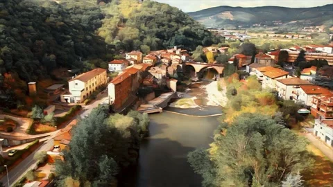 Paint-Aerial drone flight orbit Arno river Capolona Tuscany Stock Footage 194033832