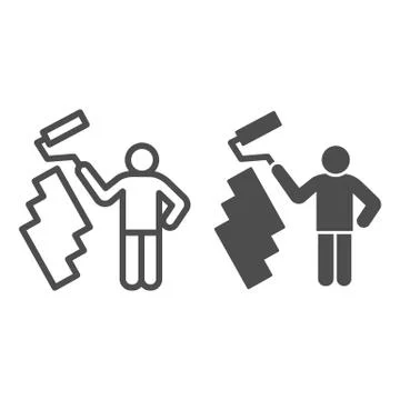 Paint and worker man line and solid icon. Painter with roller painting wall Stock Illustration