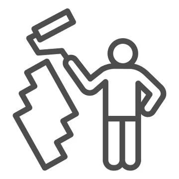 Paint and worker man line icon. Painter with roller painting wall symbol 스톡 일러스트