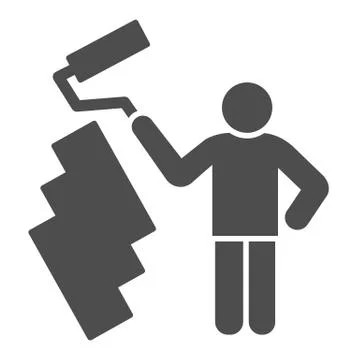 Paint and worker man solid icon. Painter with roller painting wall symbol, glyph Stock Illustration