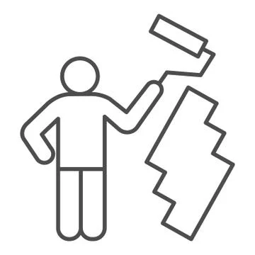 Paint and worker man thin line icon. Painter with roller painting wall symbol 스톡 일러스트