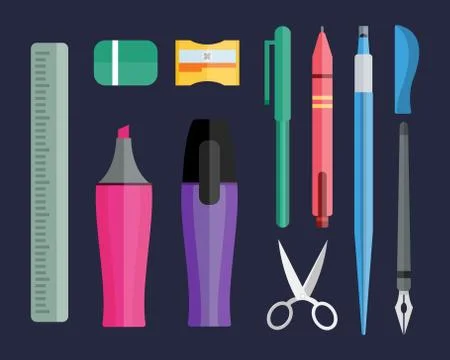 Paint and writing tools collection flat style colored stationery equipment Stock Illustration