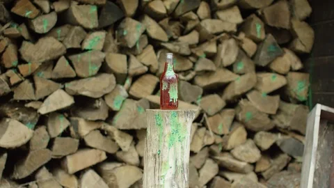Paint ball knowcking soda bottle off log Stock Footage 90919353