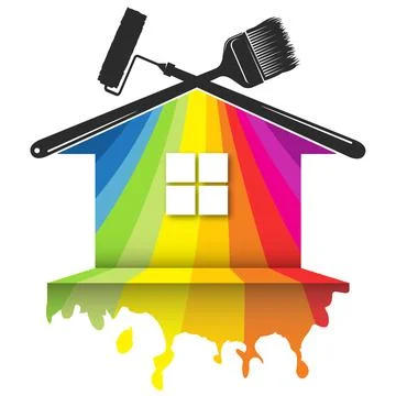 Paint brush and roller with colored paint house Stock Illustration