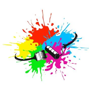 Paint brush and roller, colored blots and drops of paint Stock Illustration