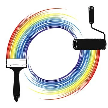 Paint brush and roller with rainbow paint Stock Illustration