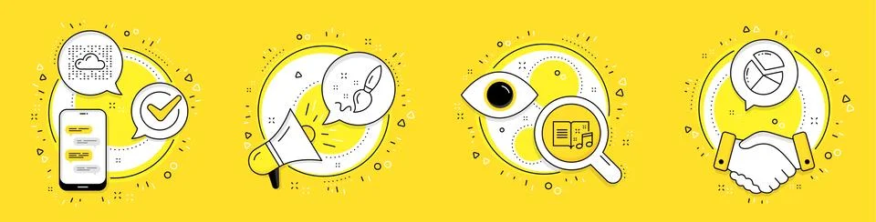 Paint brush, Cloud system and Music book icons set. Pie chart sign. Creativity Stock Illustration