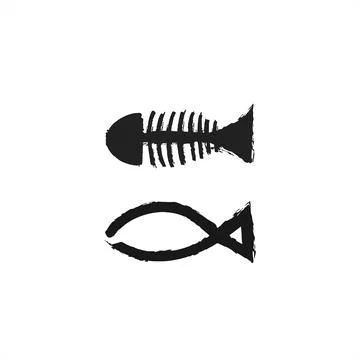 Paint brush fish bone and simple fish line art for restaurant logo and icon Stock Illustration