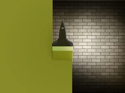Paint brush with green stroke on the brick wall Stock Illustration