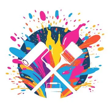 Paint brush, paint roller and colored drops splashes, symbol for painter Illustration