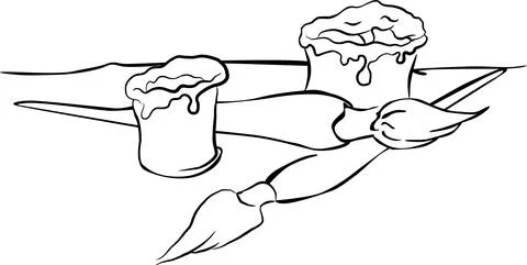 Paint brushes and paint containers on the table. 库存插图