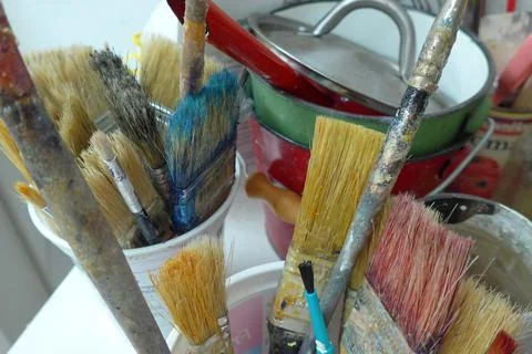 Paint Brushes in Artist's Studio Stock Photos