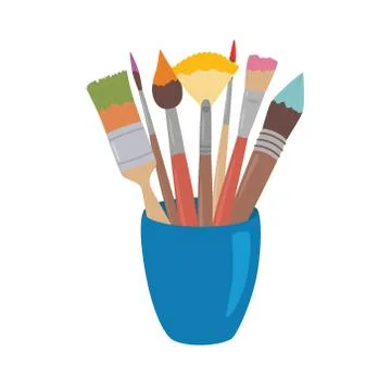 Paint brushes with colored paint in cup. Cartoon style design element for art Stock Illustration