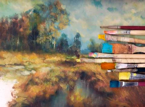 Paint brushes lying on artwork Stock Illustration