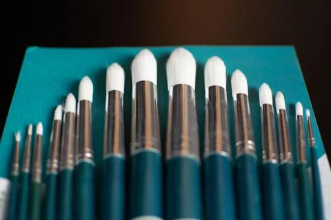 Paint brushes organized on black table Stock Photos