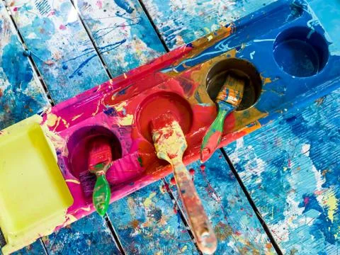 Paint brushes in plastic tray Stock Photos