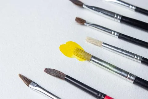 Paint brushes on a white background. One brush with yellow paint.  Stock Photos