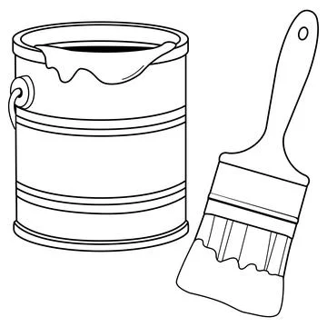 Paint bucket and a brush. Vector black and white coloring page Stock Illustration