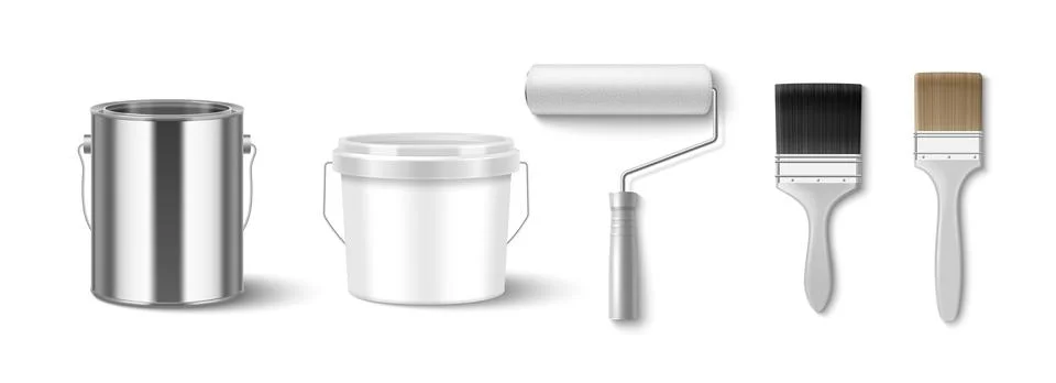 Paint bucket mockup set with roller and brushes Stock Illustration