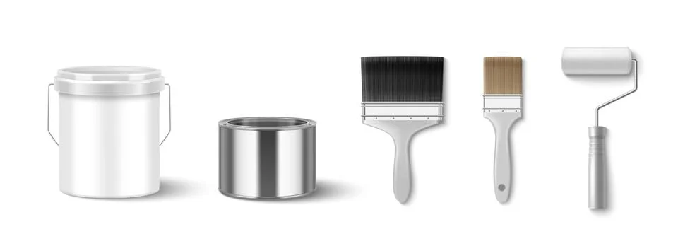 Paint bucket mockup set with roller and brushes Stock Illustration