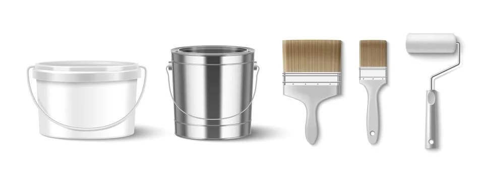 Paint bucket mockup set with roller and brushes Stock Illustration