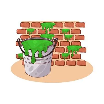 Paint bucket placed in front of brick wall illustration Stock Illustration