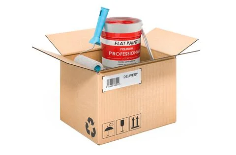 Paint can and brush inside cardboard box, delivery concept. 3D rendering Ilustración de archivo