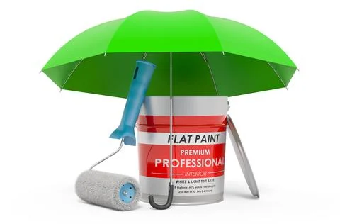 Paint can and roller brush, under umbrella, 3D rendering Stock Illustration