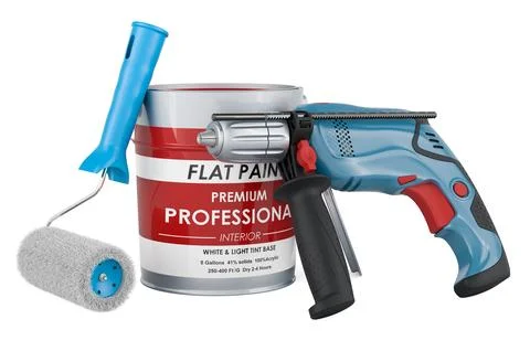 Paint can and roller brush with electric drill. 3D rendering Ilustración de archivo