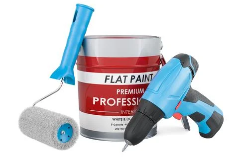 Paint can and roller brush with screw gun, 3D rendering Ilustración de archivo