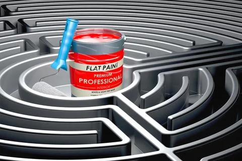 Paint can and roller brush inside labyrinth maze. 3D rendering Ilustración de archivo