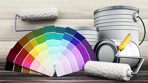 Paint can and roller standing on old wooden floor. 3D illustration Stock Illustration