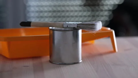 Paint Can With Brush And Paint Tray Stock Footage 336285577