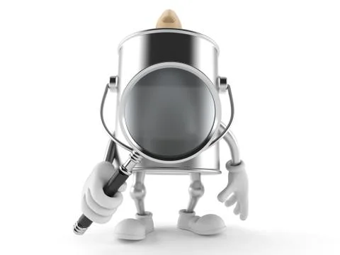 Paint can character looking through a magnifying glass Stock Illustration