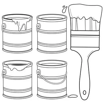 Paint cans and a brush. Vector black and white coloring page Stock Illustration