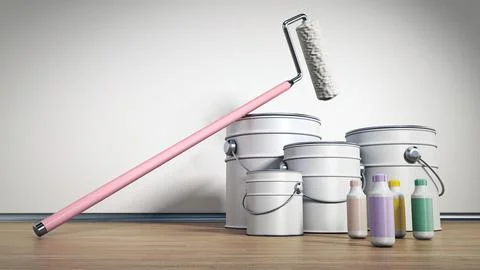 Paint cans, roller and bottles standing on hardwood floor. 3D illustration Stock Illustration