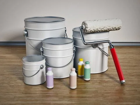 Paint cans, roller and bottles standing on hardwood floor. 3D illustration Stock Illustration