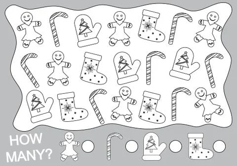 Paint Christmas (new year) objects and count how many. Mathematical game for  Stockillustratie
