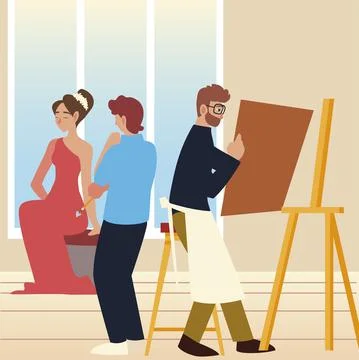 Paint class art man with canvas and student boy looking a female model Stock Illustration