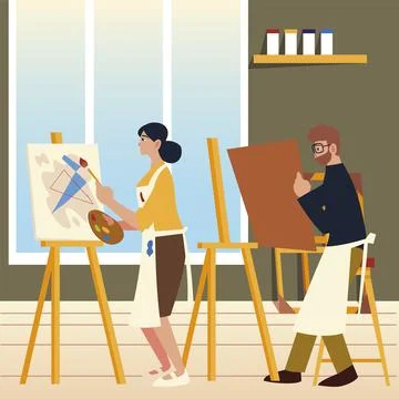 Paint class art, man with canvas in hands and woman painting an abstract picture Stock Illustration