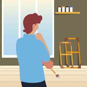Paint class art, man character with brush in the studio Stock Illustration