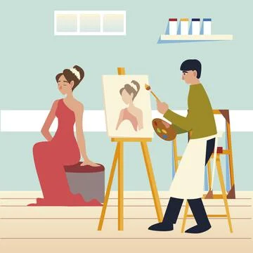 Paint class art, man student and picture female model in the studio Stock Illustration