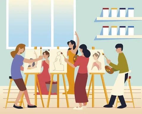 Paint class drawing lesson artists painting portrait female model Stock Illustration