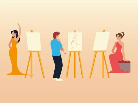 Paint class, painter man with sketch model and models posing Stock Illustration