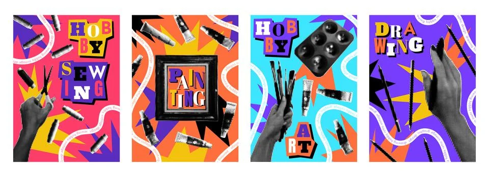 Paint collage. Halftone art. Creativity poster. Sewing and handicrafts. Drawing Stock Illustration