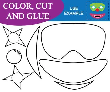 Paint, cut and glue to create the image of mask of clown. Educational game fo Stock Illustration