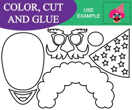 Paint, cut and paste to create the image of head of clown with cap. Stock Illustration