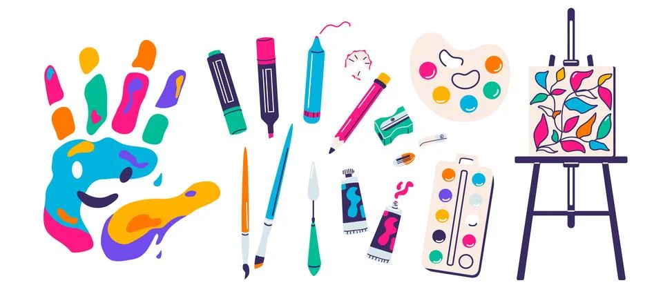 Paint elements, painting tools vector illustration. Art supplies paint tubes Illustrazione stock